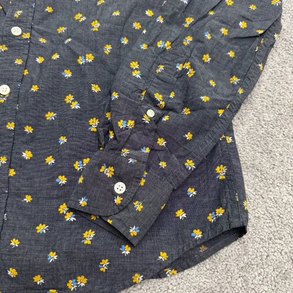 Banana Republic Floral Organic Cotton Button Down Shirt Mens Small Gray Yellow